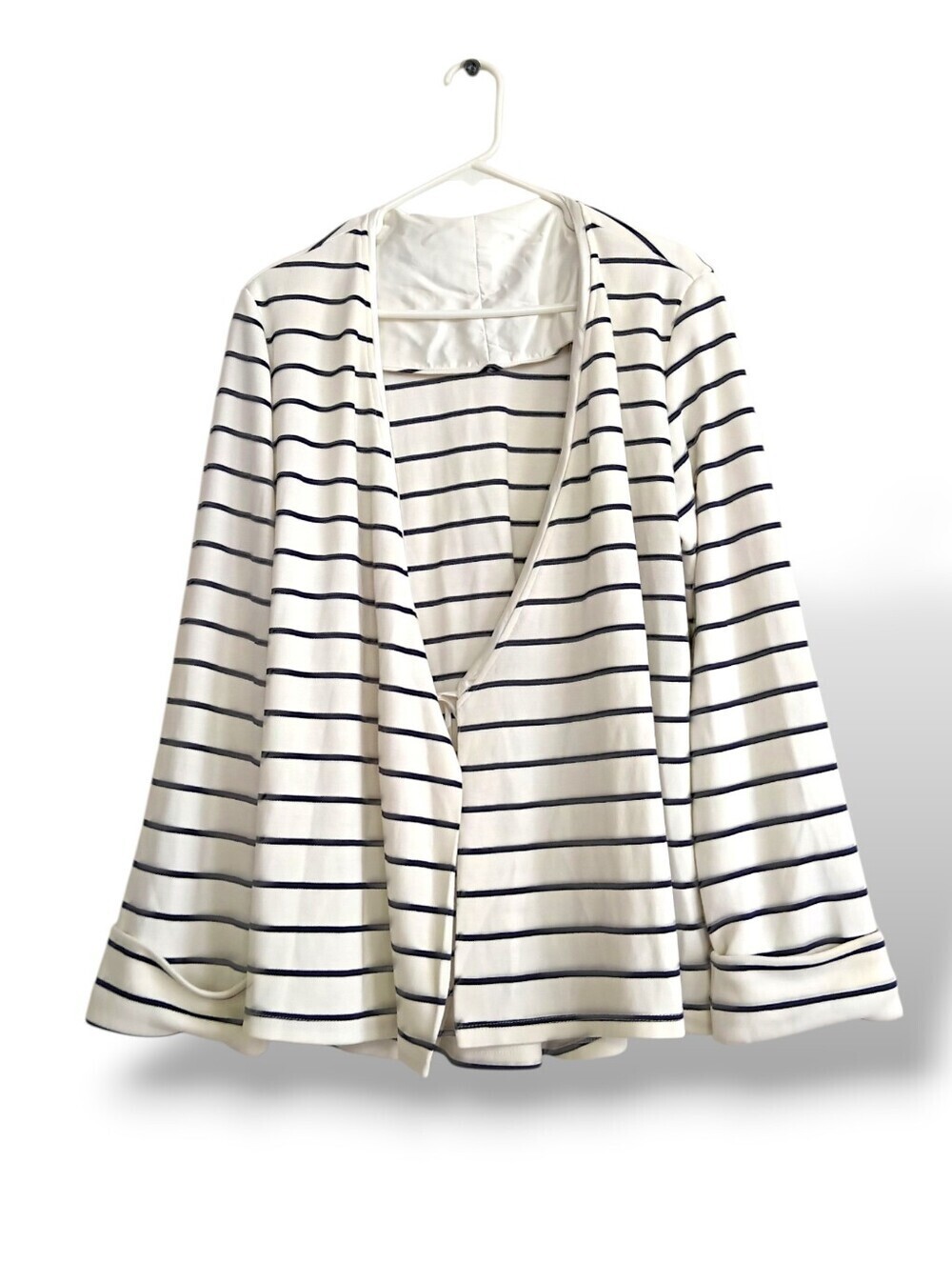 Abaete Cream Navy Striped Open Front Cardigan Luxurious Flowy Nautical Beach Lg